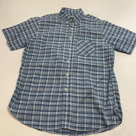 Brooks Brothers Shirt Mens Large Linen Blend Short Sleeve Blue Plaid Preppy - Picture 1 of 7